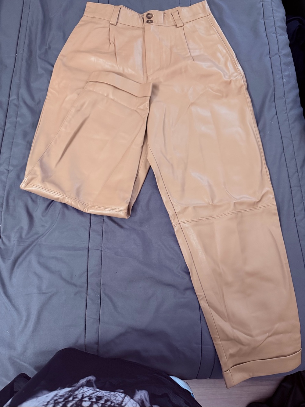 Beige Vegan Leather High-Waist Pants